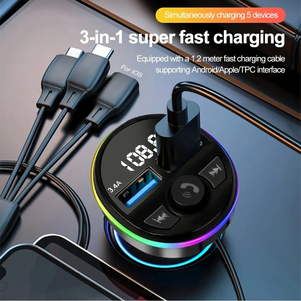 Transmetteur FM Bluetooth 5.0 pour voiture, modulateur MP3, récepteur Audio mains libres avec câble de Charge 3 en 1,