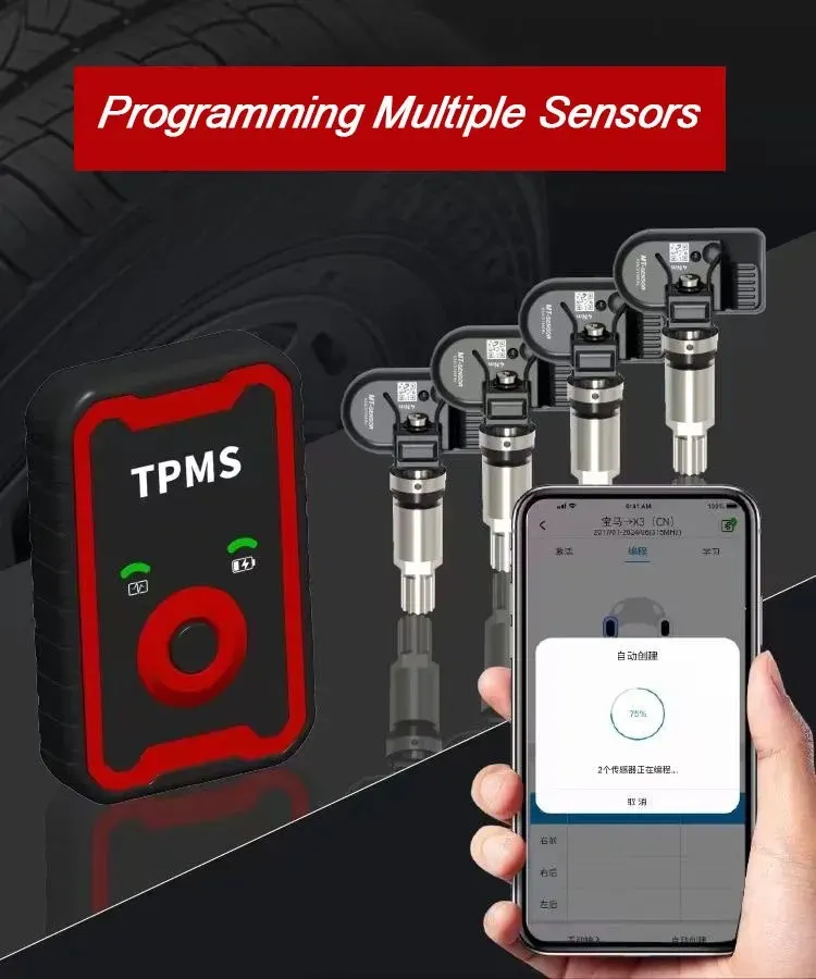 Capteurs TPMS programmables 2 en 1, 433MHz + 315MHz, prise en charge de la programmation avec le système de surveillance de la pression des pneus du téléphone portable