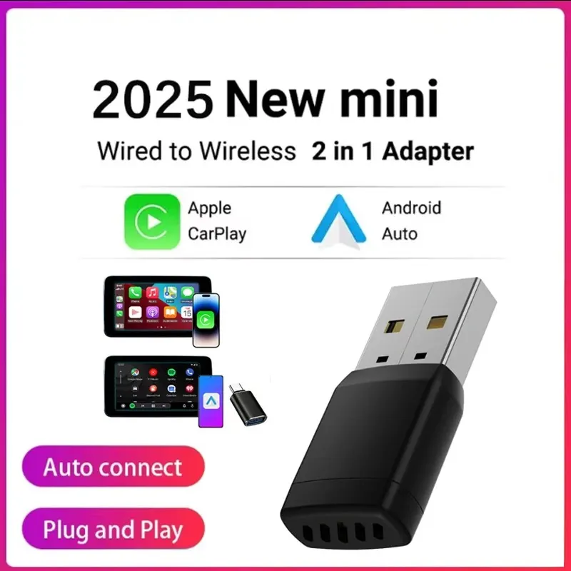 2-in-1 Wired to Wireless CarPlay Adapter, Android Auto AI Box Play & Plug for OEM Wired CarPlay AA Navigation Systems