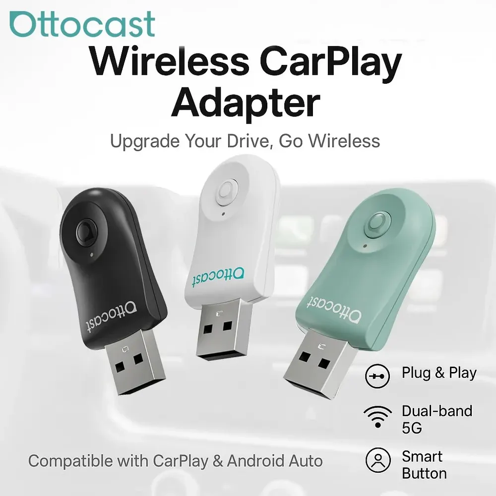 Adaptateur Sans Fil Mini 2-en-1 OTTOCAST Carplay Android Auto avec Clé de Déconnexion en un Clic pour Toyota Audi Mercedes-Benz Volkswagen