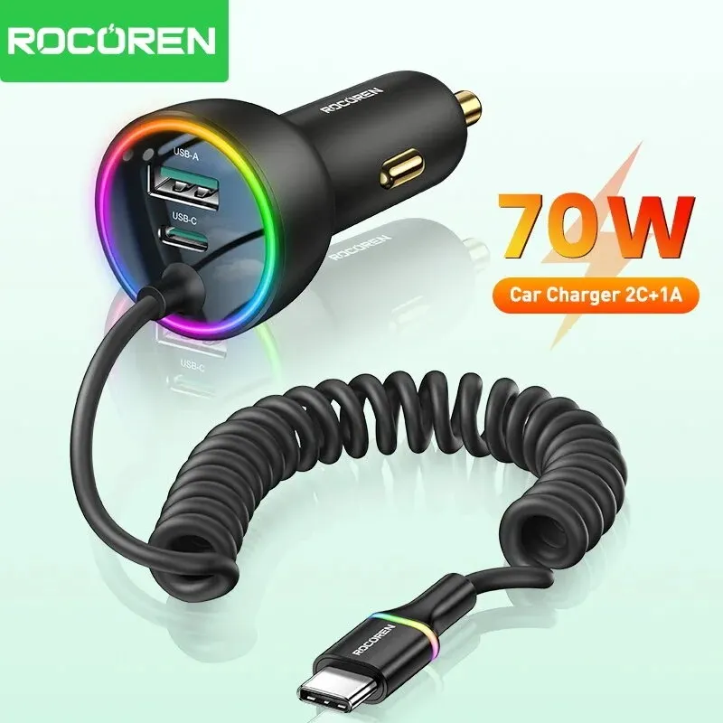Rocoren 70W USB Type C chargeur de voiture avec câble à ressort charge rapide type-c USBC voiture chargeur rapide adaptateur