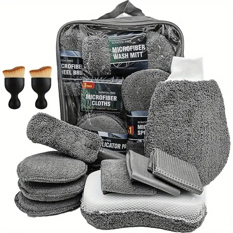 Kit de nettoyage de voiture en microfibre, brosse de pneu, tampons anti-rayures, éponges de détail, outils essentiels de nettoyage intérieur,