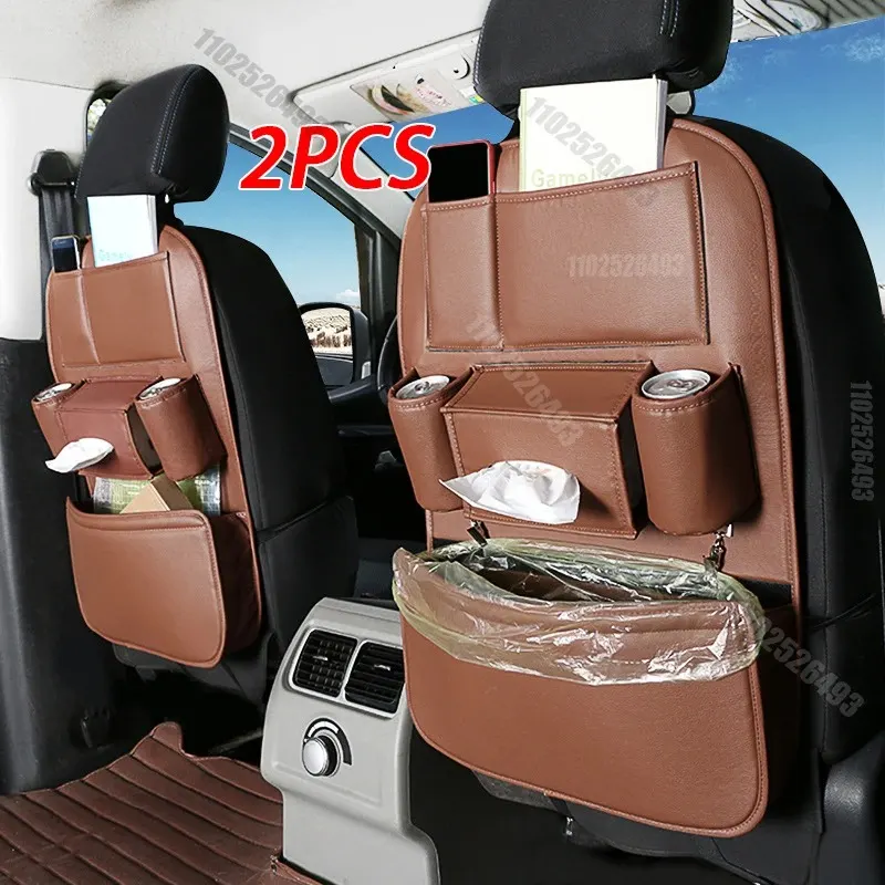 Sac de siège arrière multifonctionnel en cuir PU, rangement 6 poches pour le voyage, 2 pièces