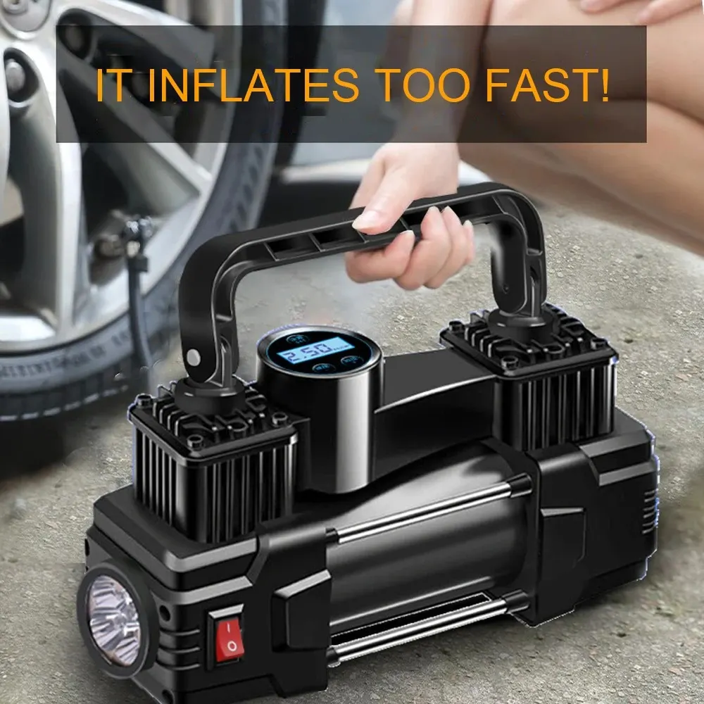 Mini 12V 150 PSI Air Compressor, Heavy-Duty Dual-Cylinder Tire Inflator with LED Light